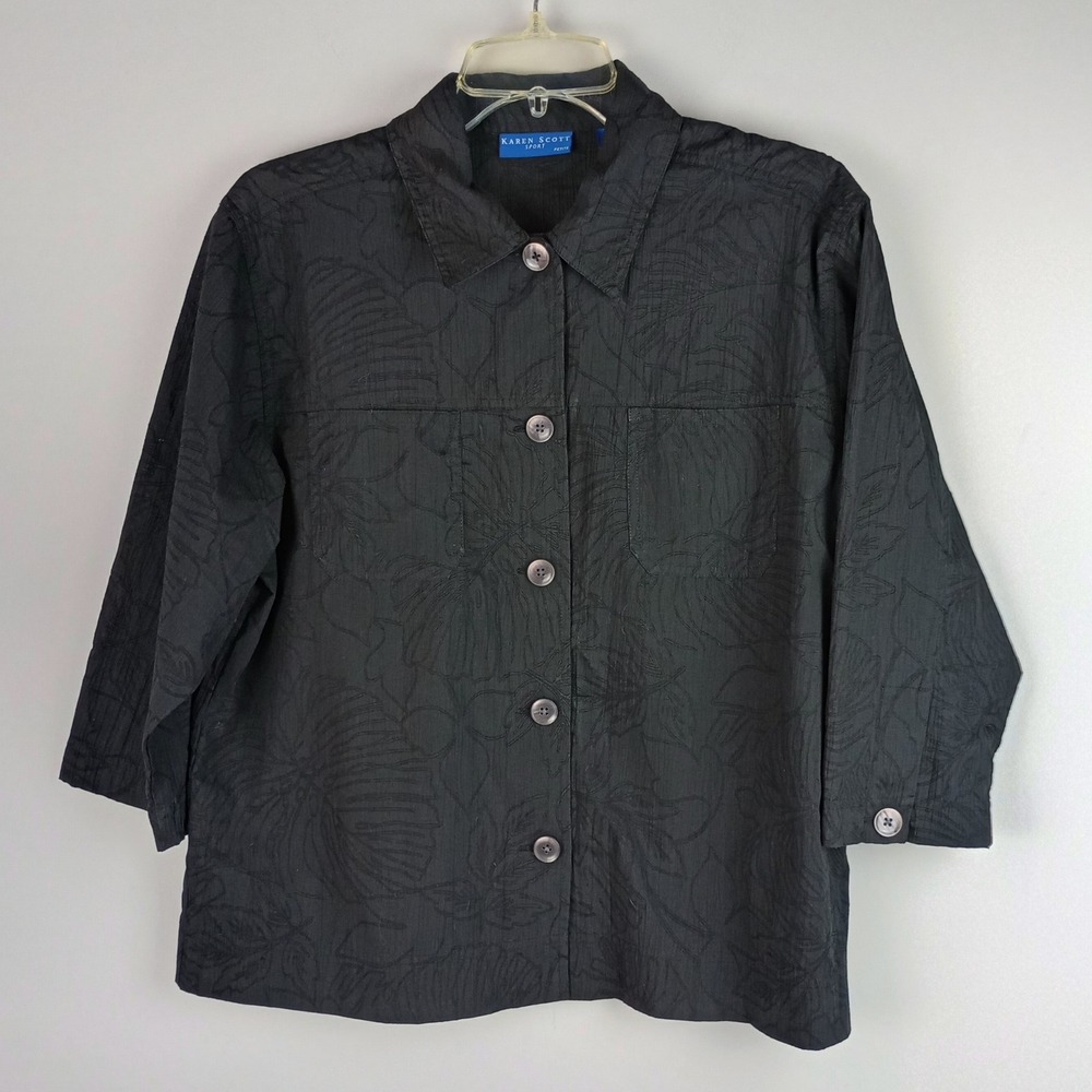 Karen Scott Womens PL Black Floral Textured Button Up Casual Blouse Shirt